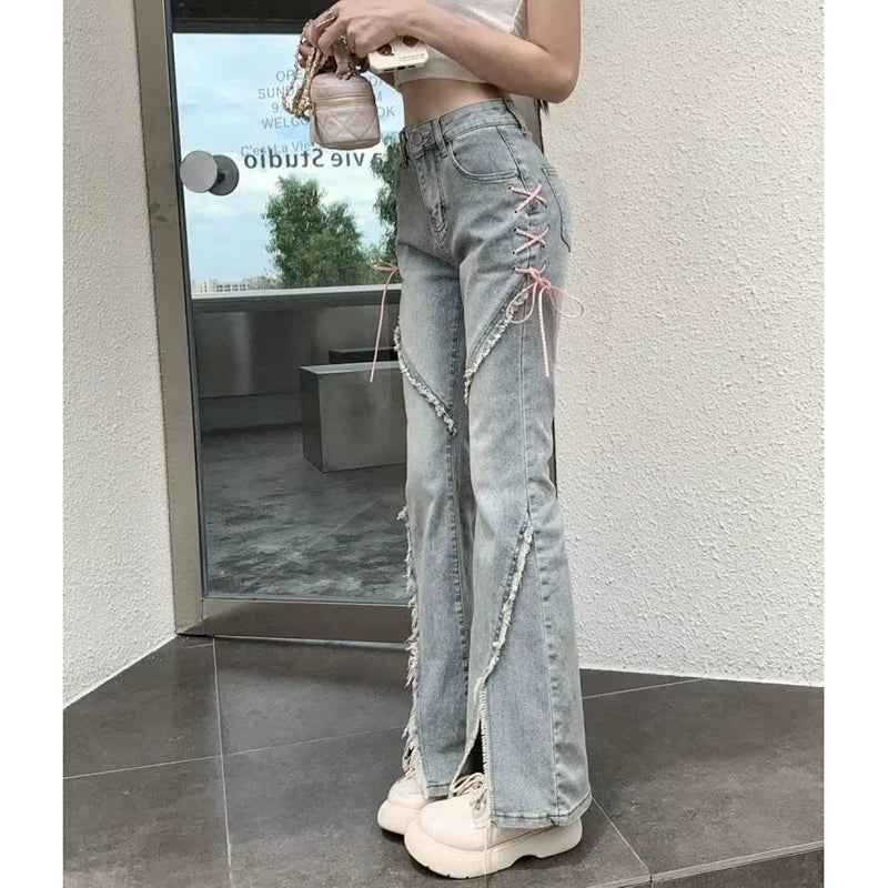 Retro Korean Tassel Split Flared Jeans