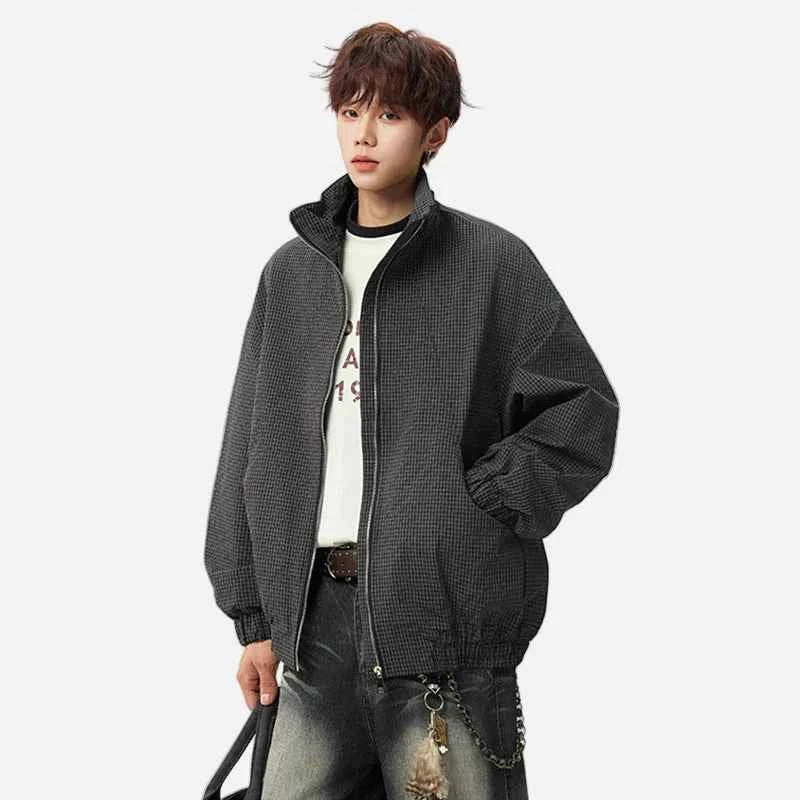 Stylish Plaid Design Stand Collar Zipper Jacket