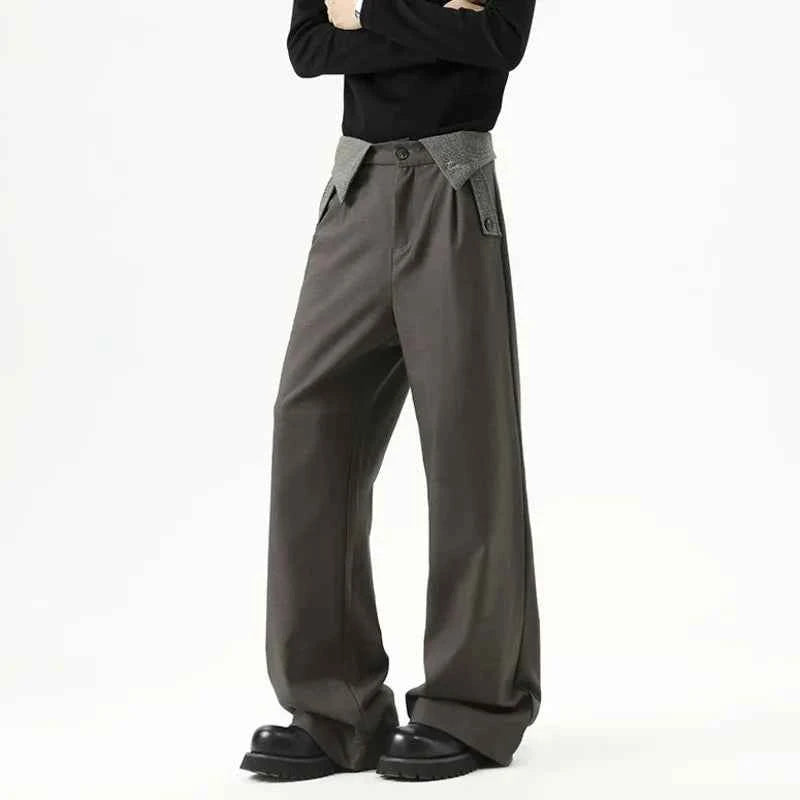 Cozy Contrast Color Pleated Straight Leg Suit Pants