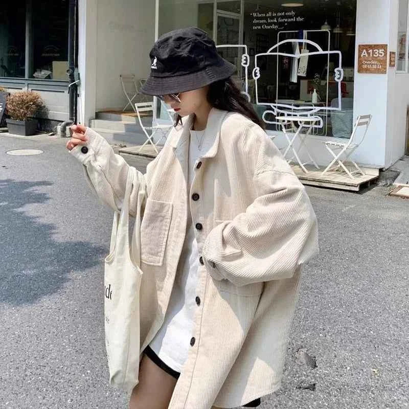 Women Black Corduroy Loose Fit Jacket