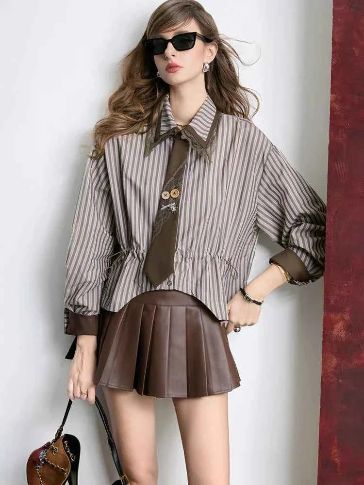 Women Asymmetric Hem With Tie Stripe Shirt