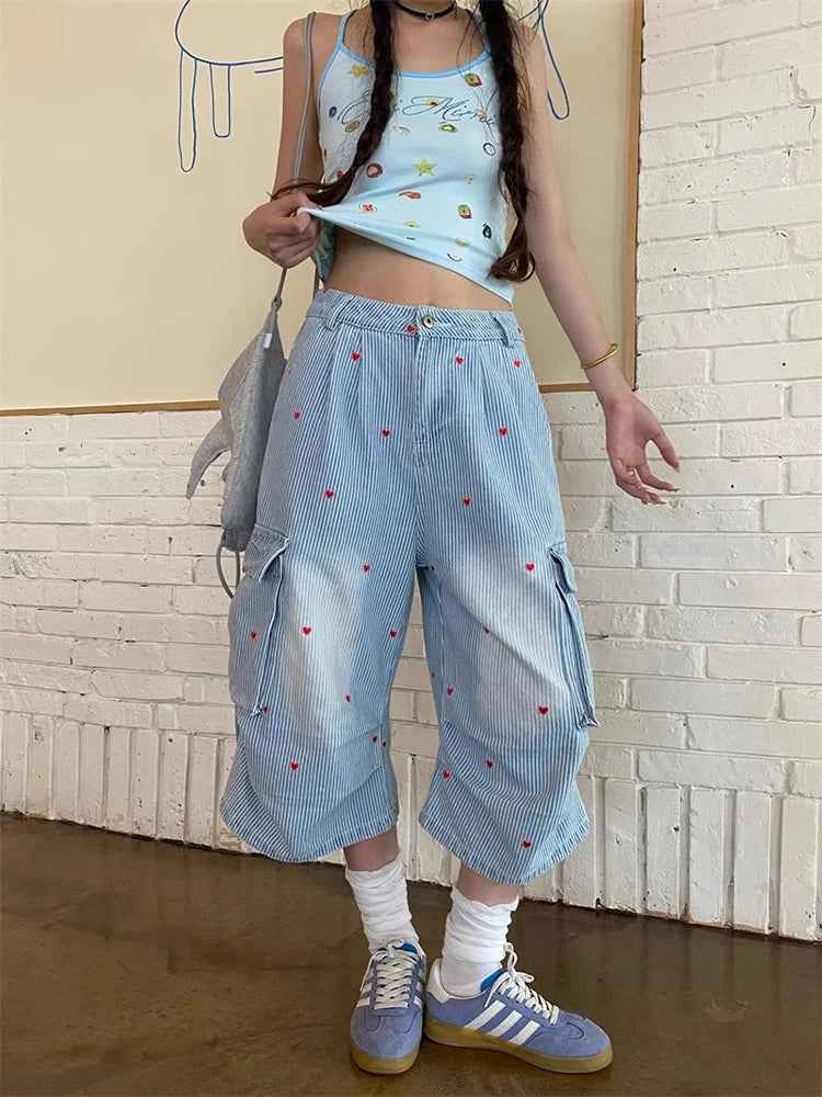 Chic Striped Heart Embroidery Cargo Jorts - Baggy Wide-Leg Denim Shorts