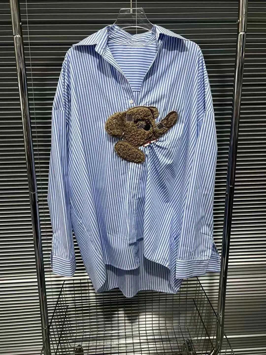 Women Stylish Cartoon Striped Loose Lapel Shirt
