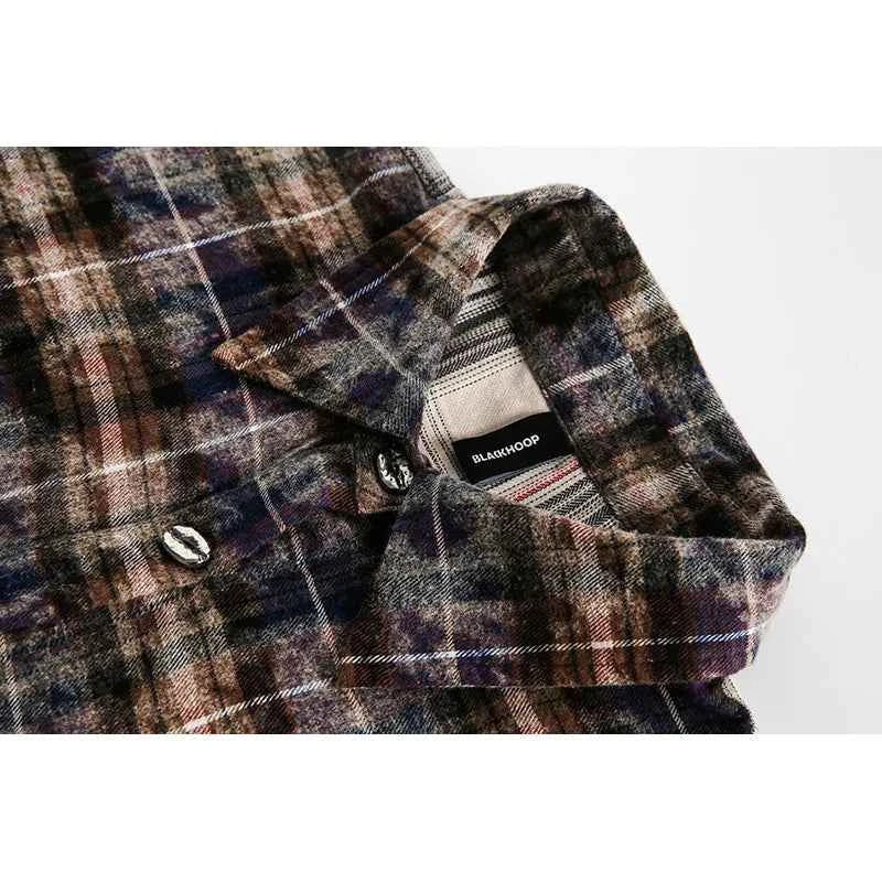 Distressed Plaid Tie Dyed Color Long Sleeve Shirt
