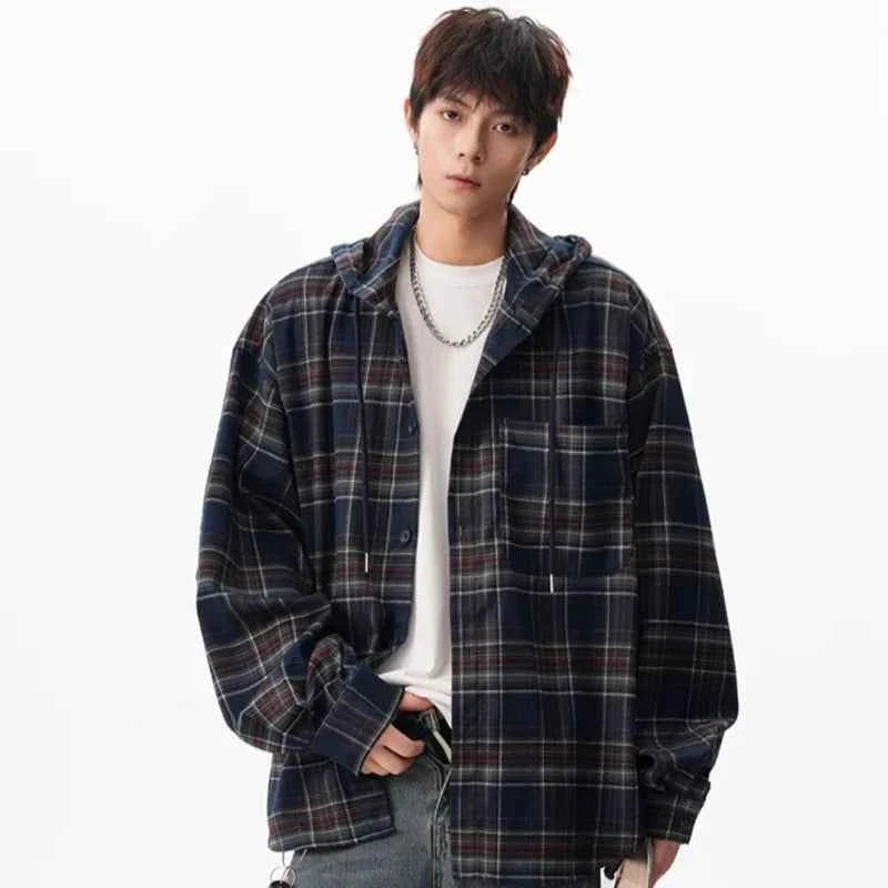 Versatile Y2K Plaid Hooded Long Sleeve Shirt