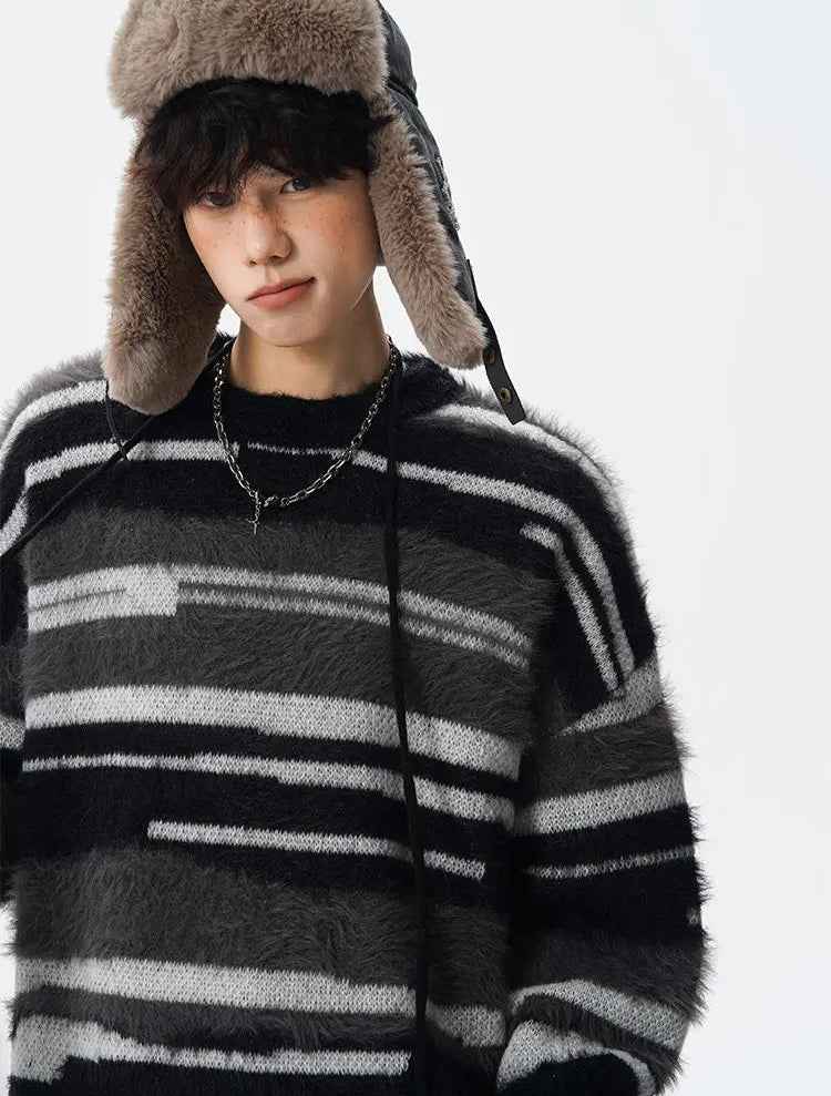 Streetwear Cozy fuzzy Striped Knit Sweater