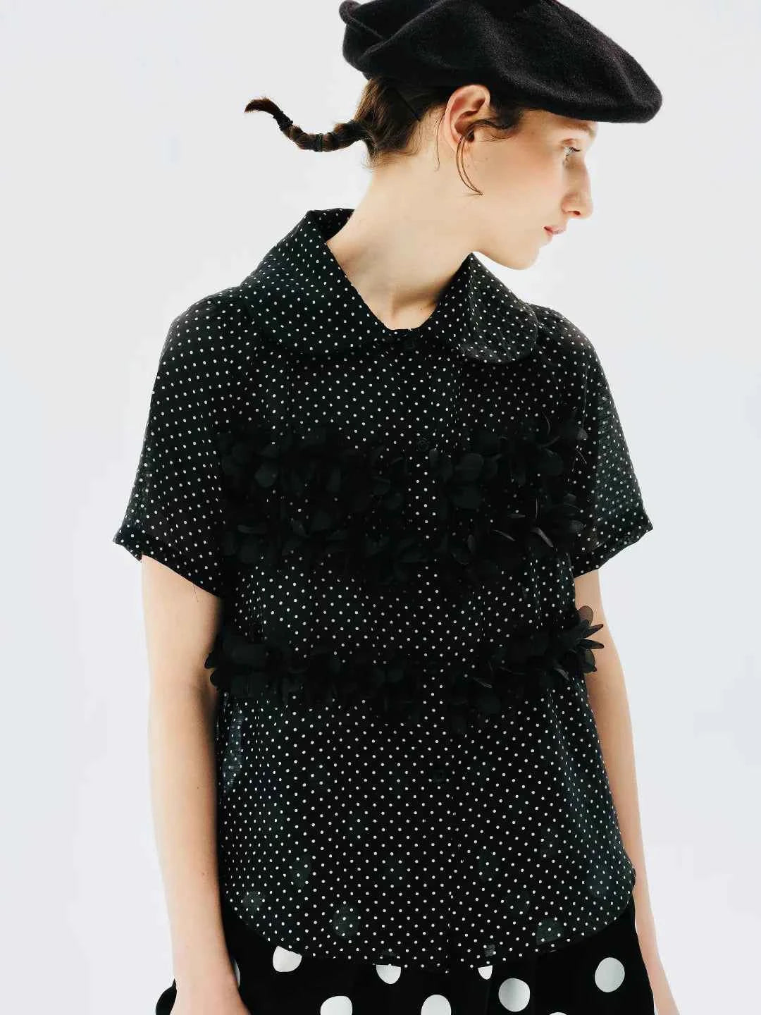 Women Black Polka Dot Lapel Short Sleeve Shirt