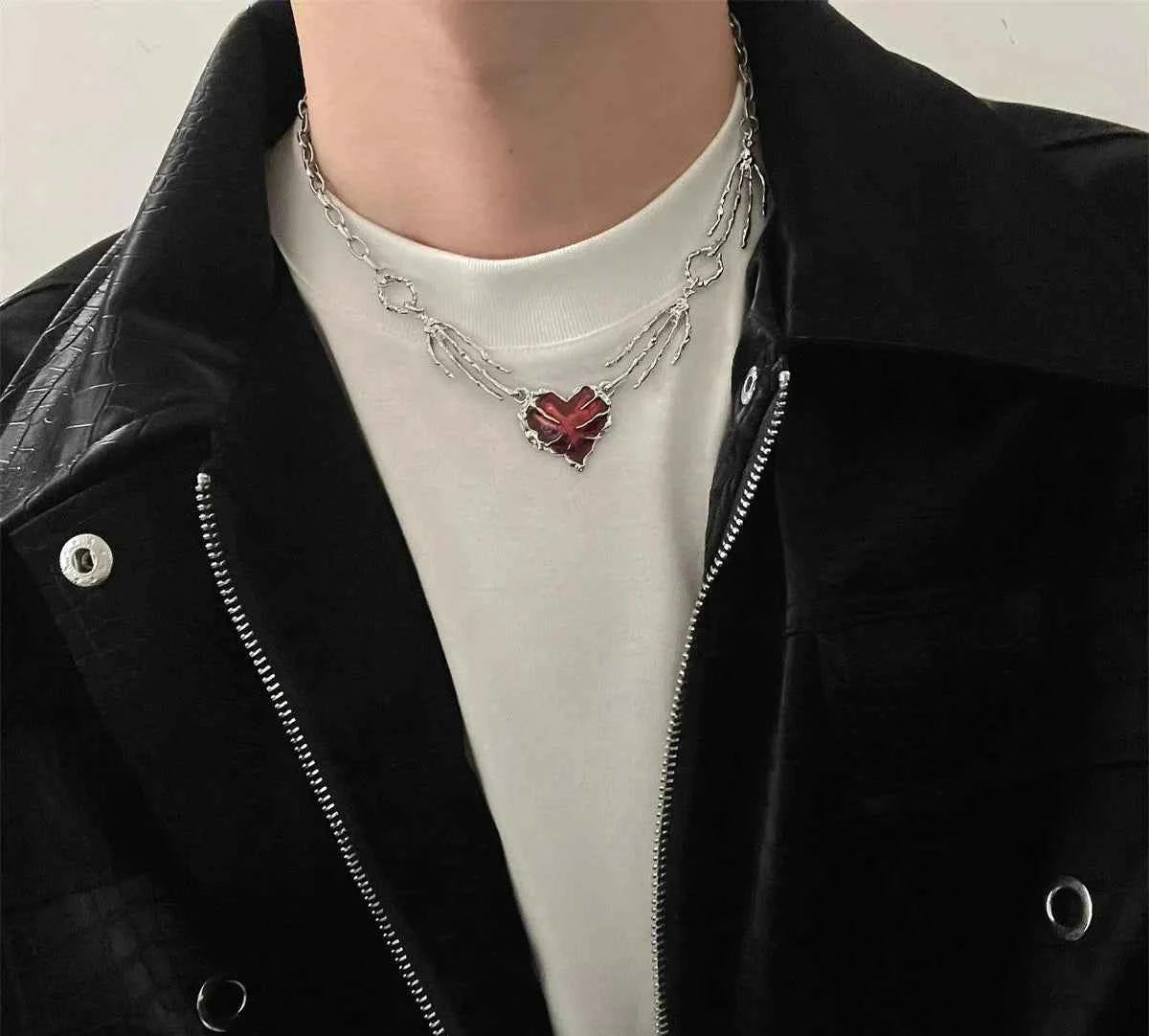 Men Gothic Red Peach Heart Pendant Necklace