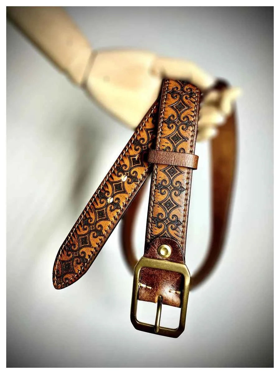 Retro Handmade Brown Leather Engraved Belt
