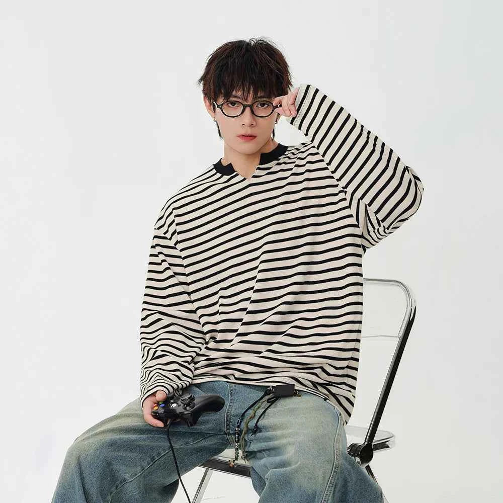 Striped Notch Neck Casual Long Sleeve T-Shirt