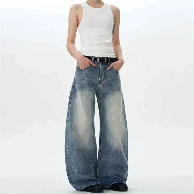 Vintage Washed Blue Textured Wide Jeans