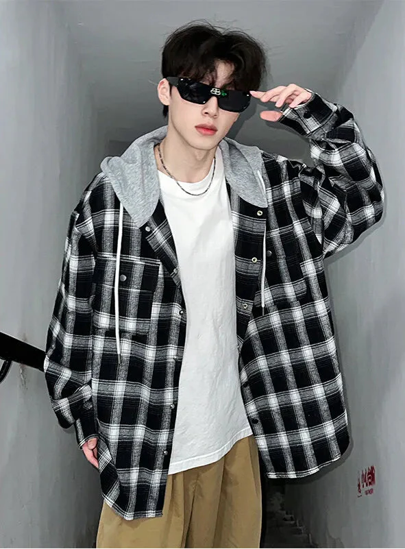 Plaid Oversize Designer Hooded Long Sleeve Shirt - Luxuryurbanwear