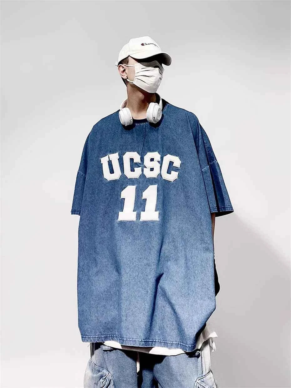 Vintage Embroidered Denim Hip Hop T-Shirt
