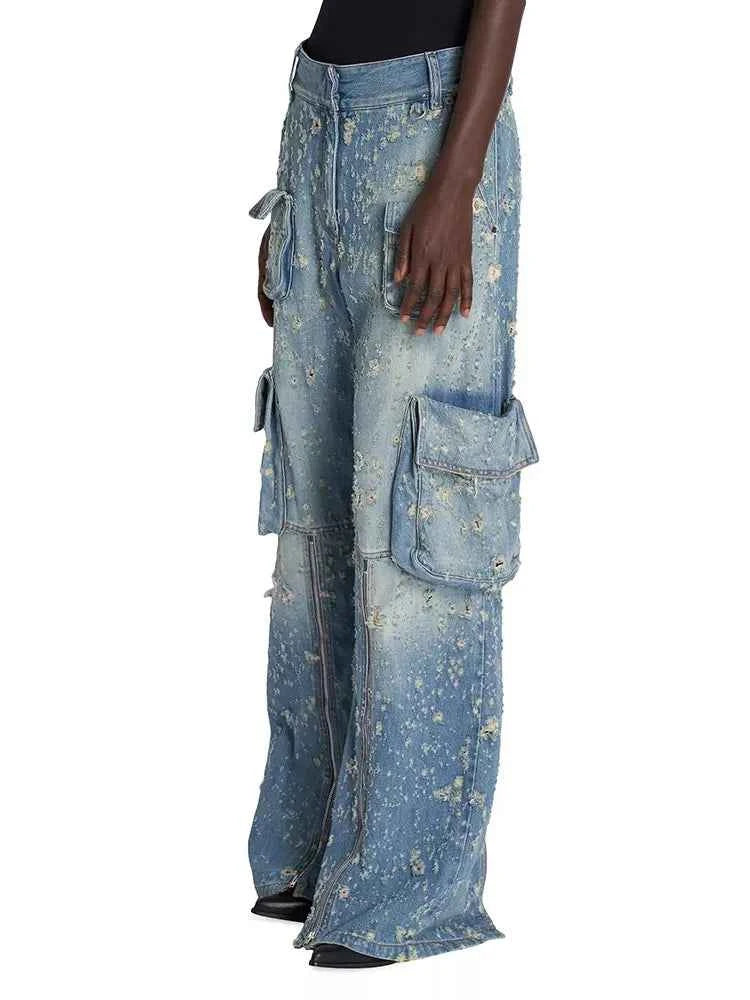 Midnight High Waist Patchwork Denim Cargo Jeans