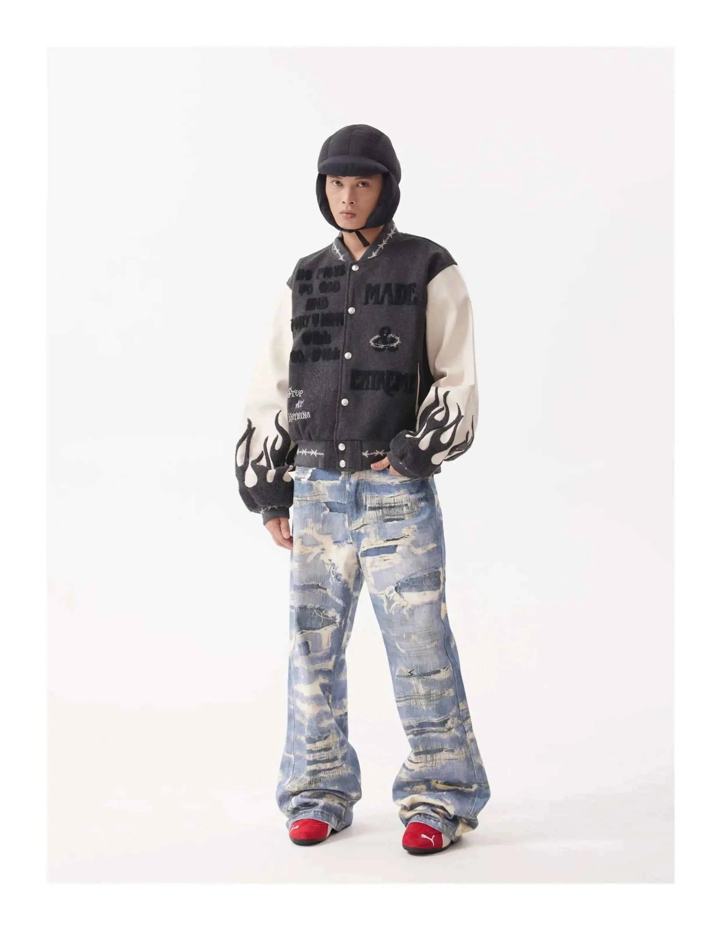 Flame Mixed Knit Embroidery Colorblock Jacket