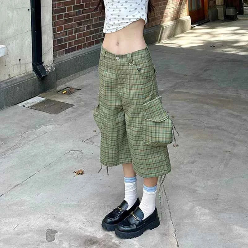 Women Green Plaid Print High Waist Wide Baggy Jorts