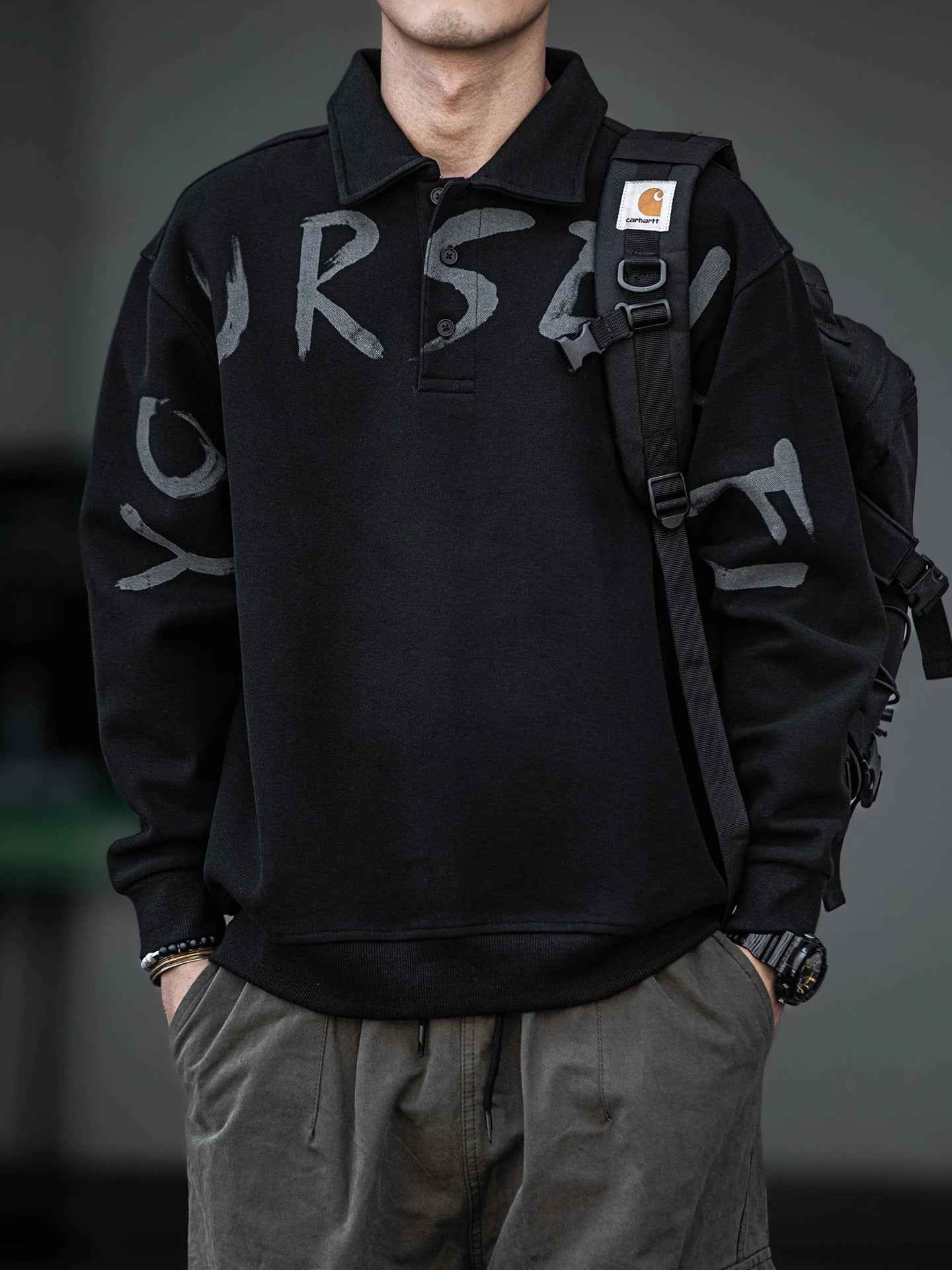 Oversized Letter Print Black Polo Sweatshirt