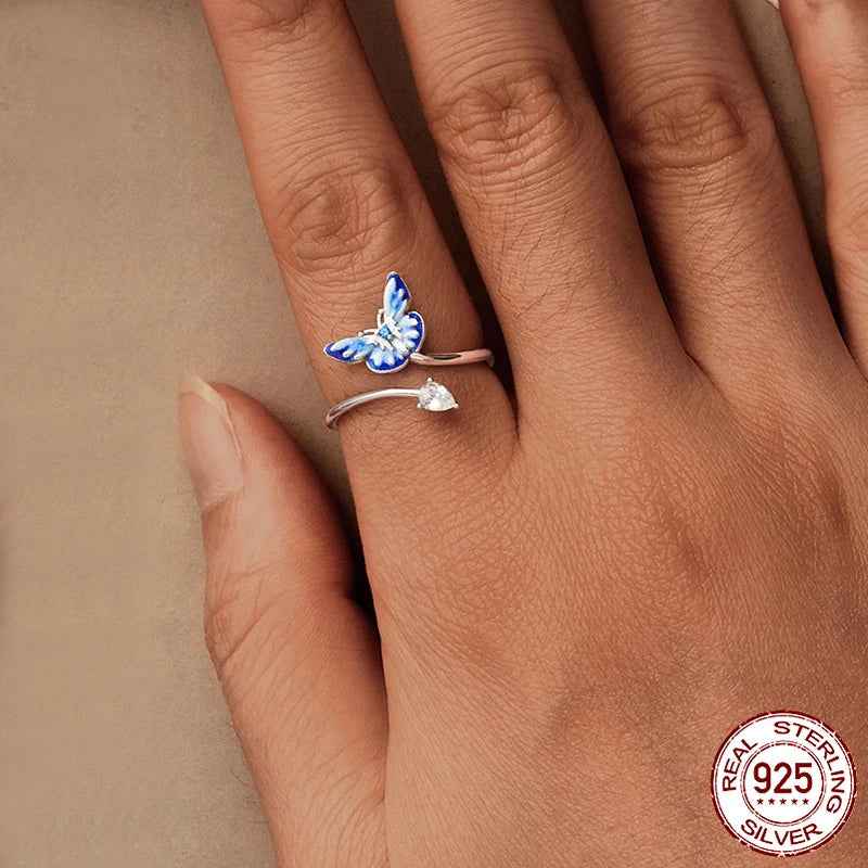 Women Adjustable Blue Enamel Butterfly Ring