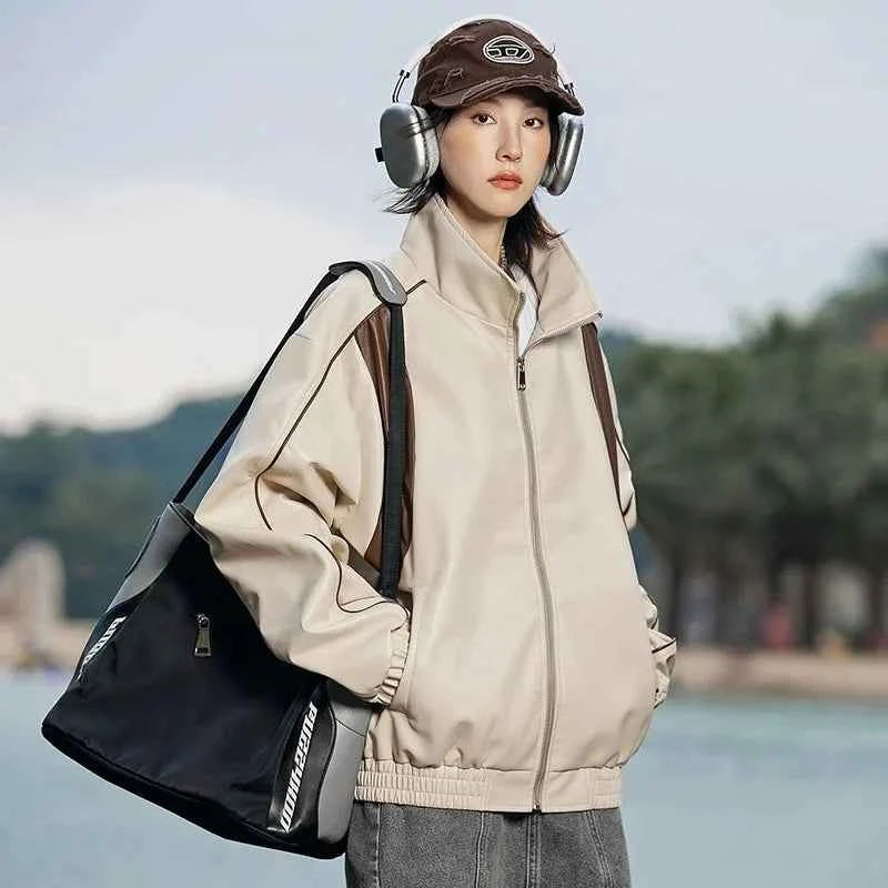 Durable Color Block Waterproof Leather Jacket