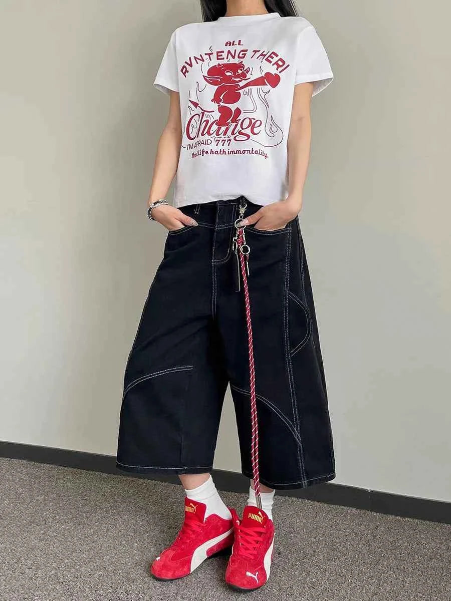 Retro Hip Hop High Waist Patchwork Cargo Jorts