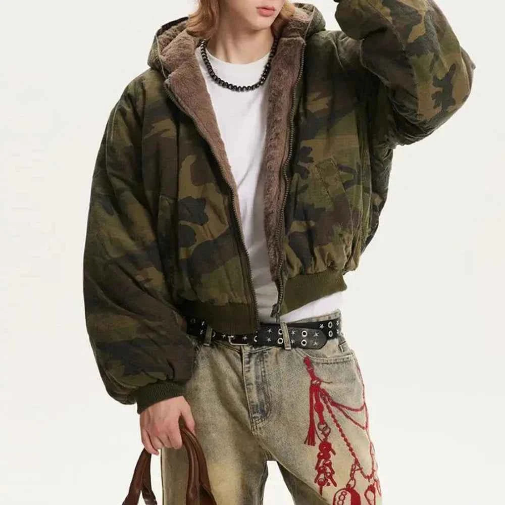 Men Camouflage Thickened Retro Hooded Winter Jacket