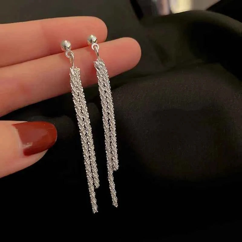 Trendy Chic Silver Tassel Long Earrings