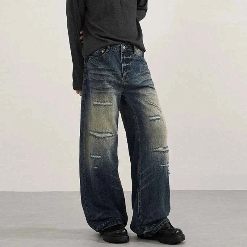 Patchwork Distressed Wide Leg Washing Denim Jeans