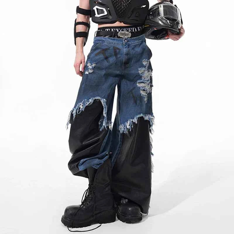 Unique Patchwork Leather Painted Wide Leg Jeans