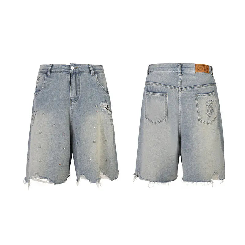 Rhinestone Denim Streetwear Blue Ripped Jeans Shorts