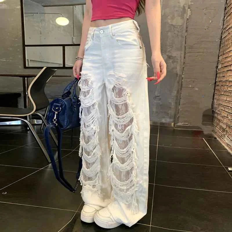 White Ripped Lace Splicing High Waist Jeans