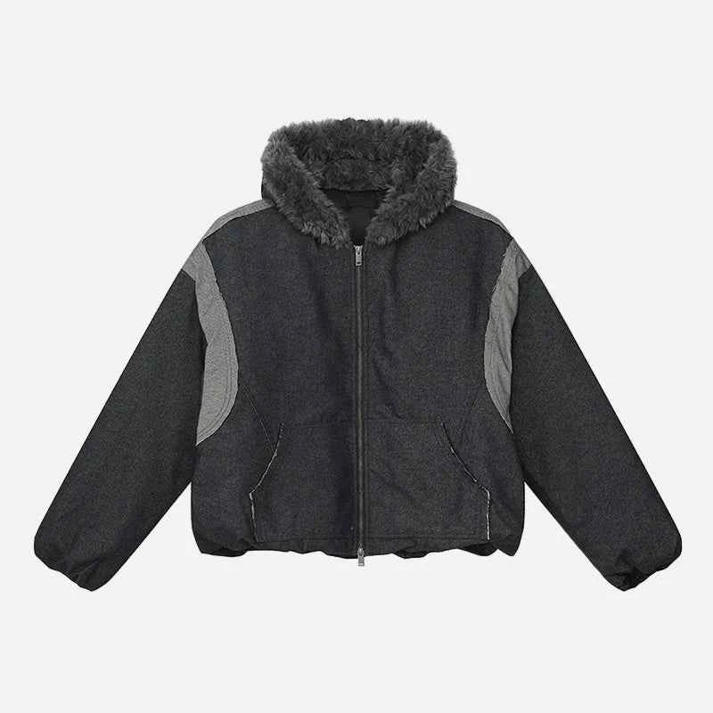 Y2K Versatile Patchwork Faux Fur Hooded Jacket