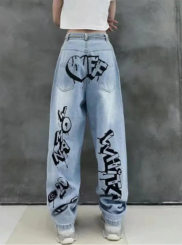 Women High Waist Graffiti Wide Leg Jeans - Luxuryurbanwear