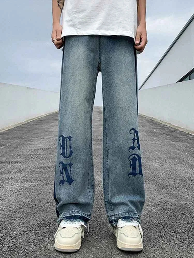 Streetwear Blue Goth Letter Print Cool Jeans