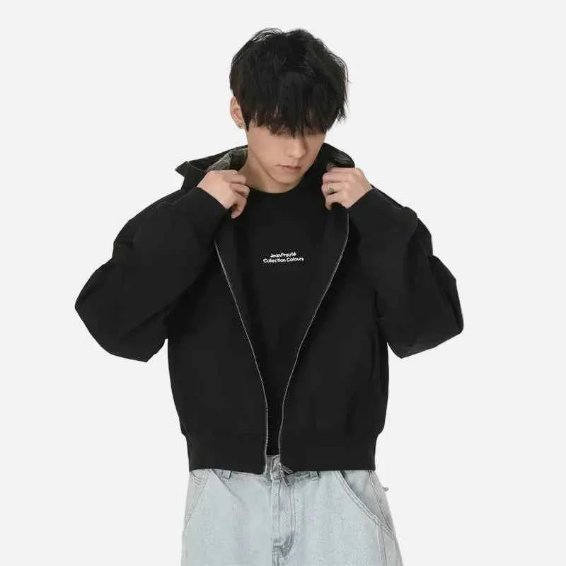 Chic Plaid Colorblock Double Zipper Hooded Sweatshirt