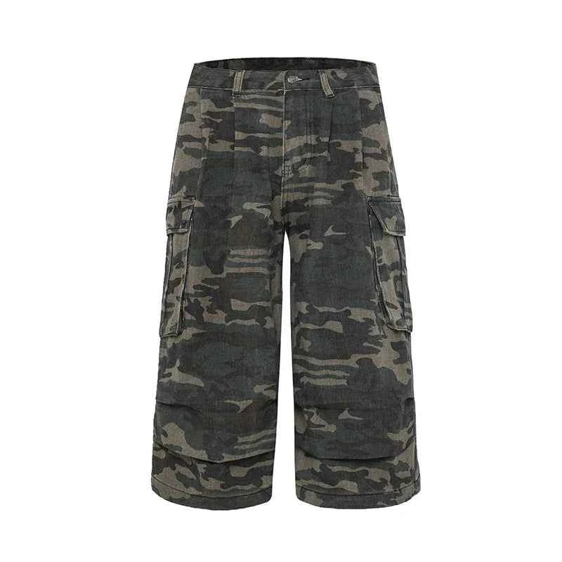 Streetwear Vintage camouflage denim high cargo Jorts