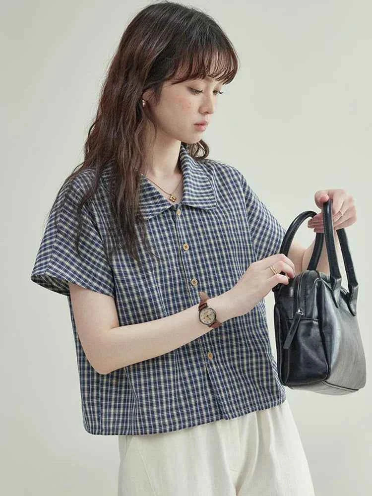 Woemn Streetwear Vintage Plaid Loose Summer Blouse Shirt