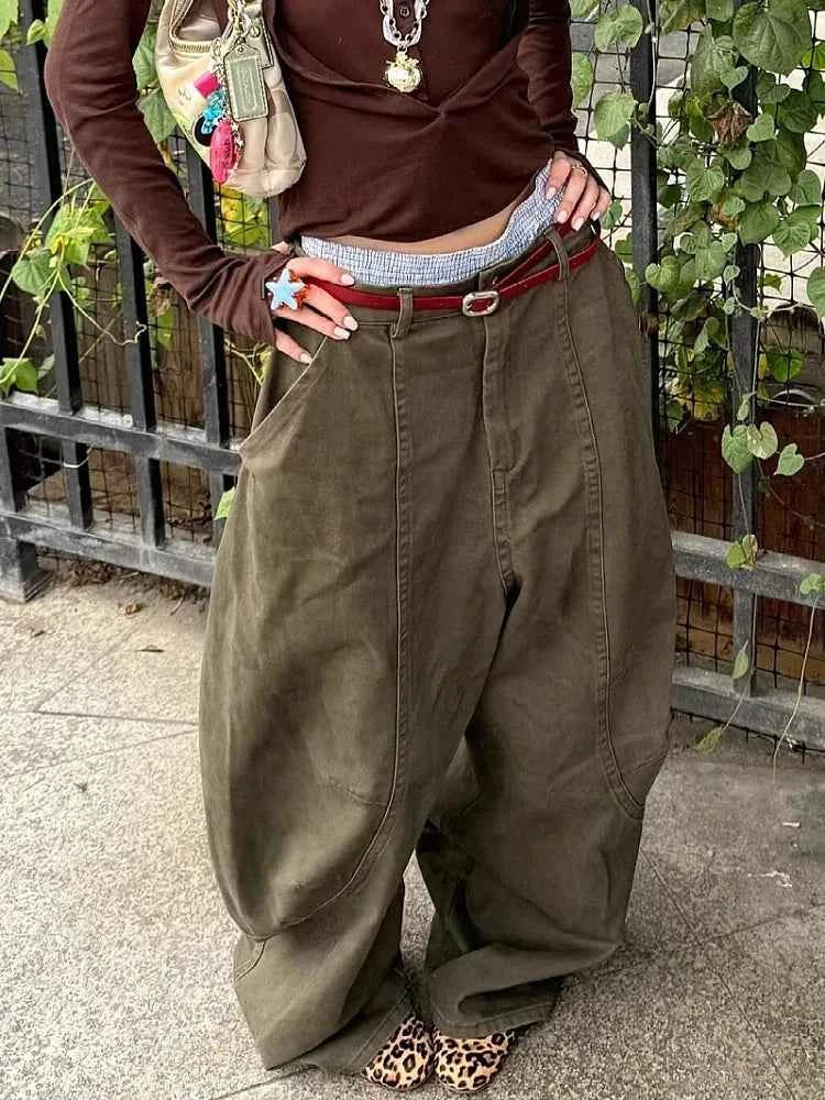 Streetwear Retro Military Green Curved Knife Pants