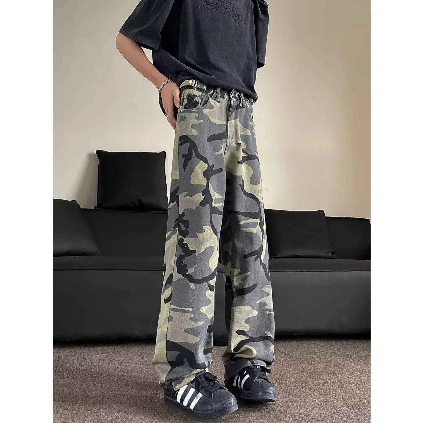 Vintage Streetwear Camouflage High Waisted Wide-Leg Jeans