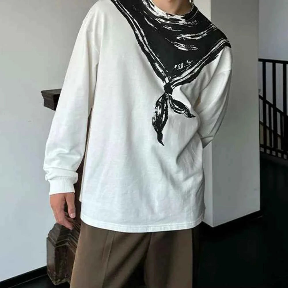 Contrast Black & White Fake Scarf T-Shirt