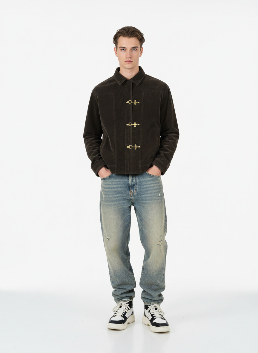 Retro Unique Metal Button Suede Lapel Bomber Jacket - 2538 - Luxuryurbanwear