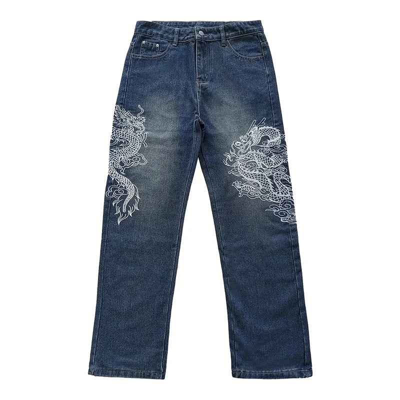 Dragon Embroidered Baggy Blue Wash Jeans
