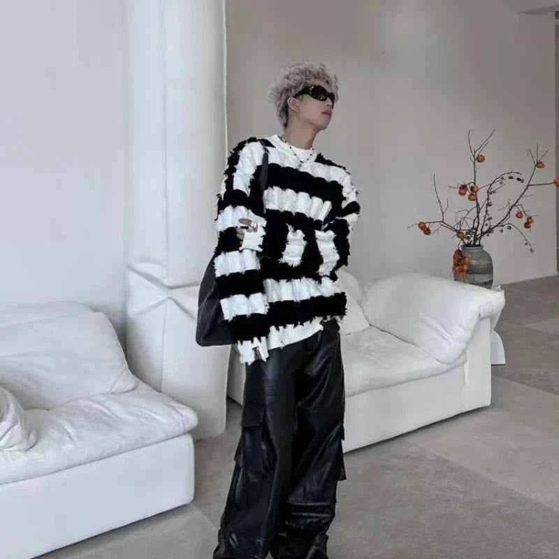 Classic Hairy Striped Round Neck Sweater