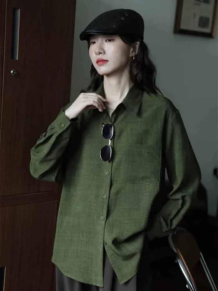 Women Casual Elegant Green Korean Style Chic Long Shirt