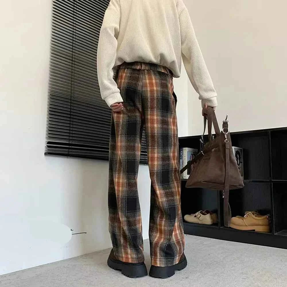 American Style Plaid Drape Straight Leg Pants
