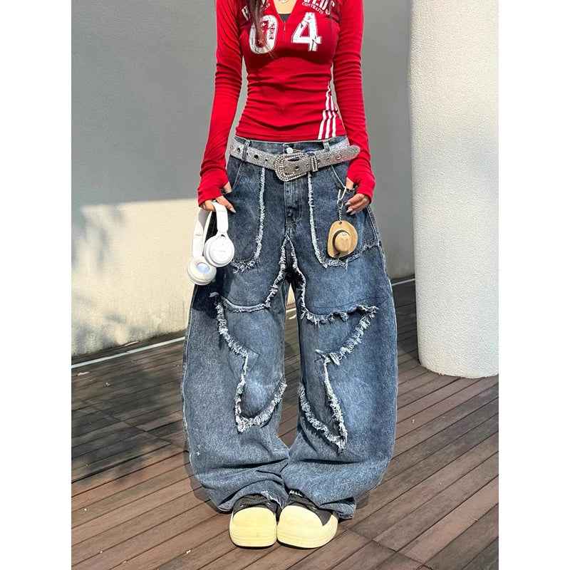 Aesthetic Cow Boy High Waist Blue Star Wide Leg Jeans