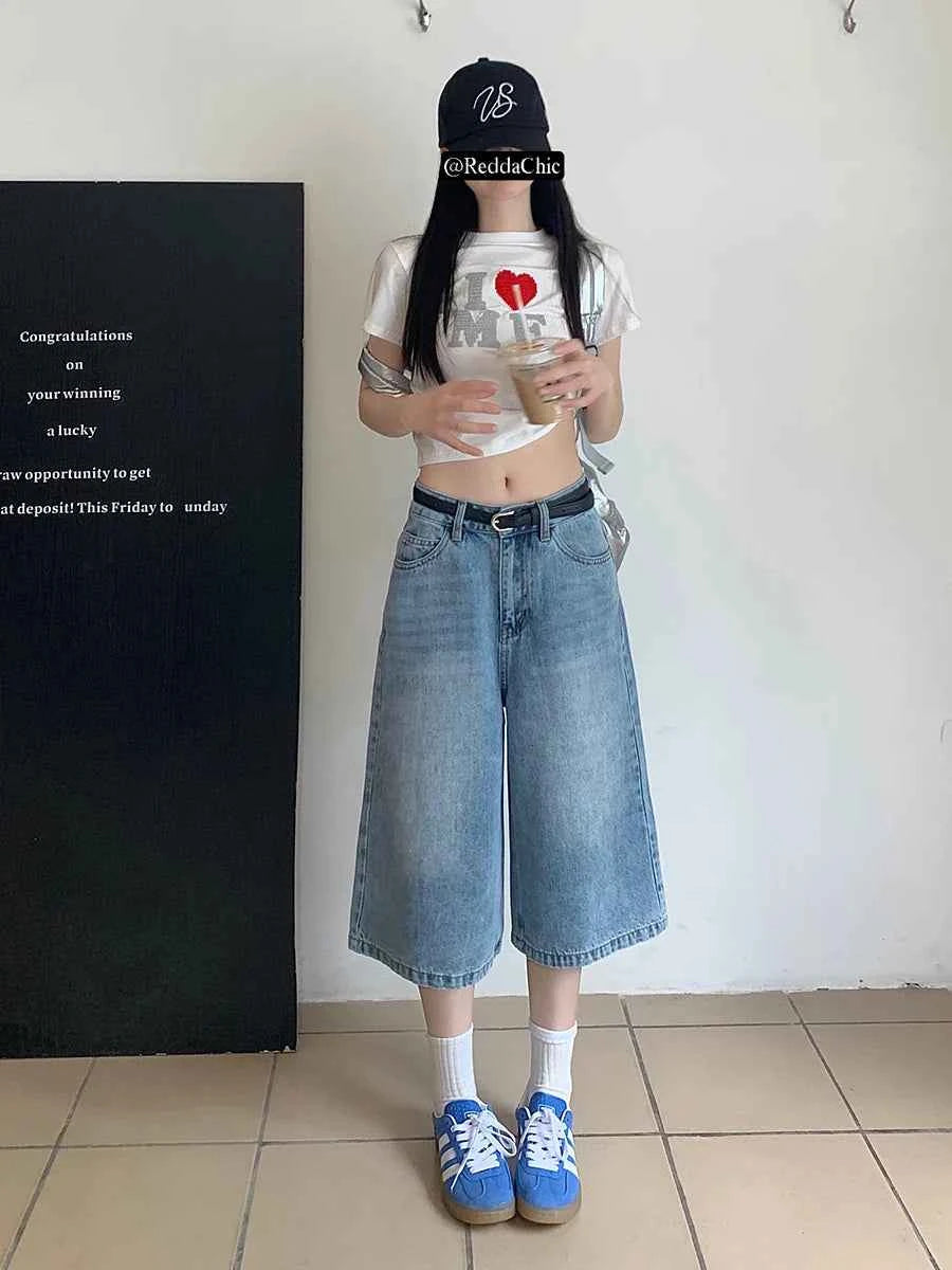 Versatile Blue Distressed Denim Baggy Jorts