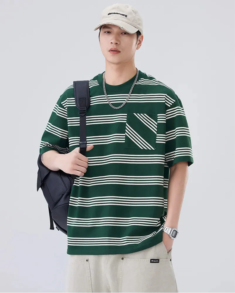 Chic Loose Fit Striped with Front Pocket T-Shirt - Luxuryurbanwear