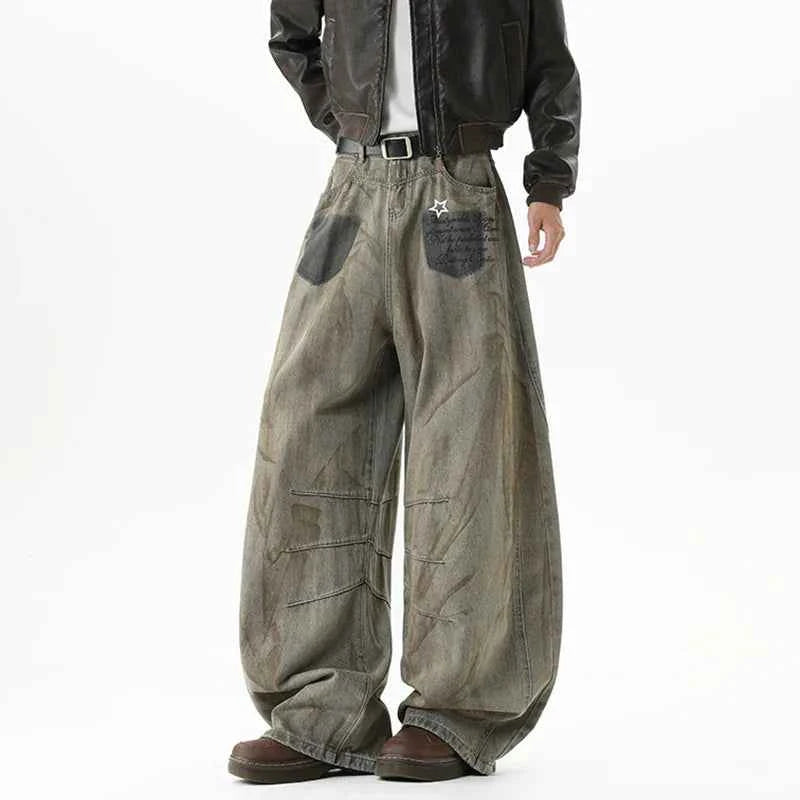 American Style Star Printing Dirty Dying Denim Jeans