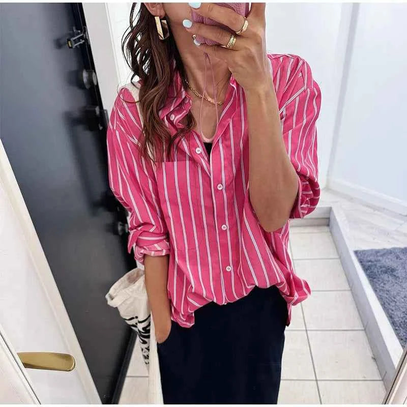 Women Streetwear Pink Striped Chic Long Sleeve Shirt