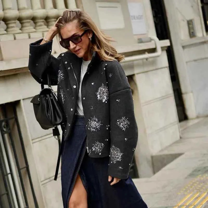 Relaxed Diamond Spliced Loose Stand Neck Jacket